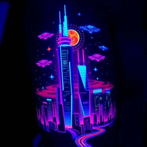 Neon glow tattoo named "Electric Dreams" showcasing vibrant, luminescent colors that appear to pulse and radiate under UV light, depicting a futuristic cityscape with glowing skyscrapers and flying vehicles, perfect for night owls and party-goers who want their tattoos to come alive in dimly lit environments.