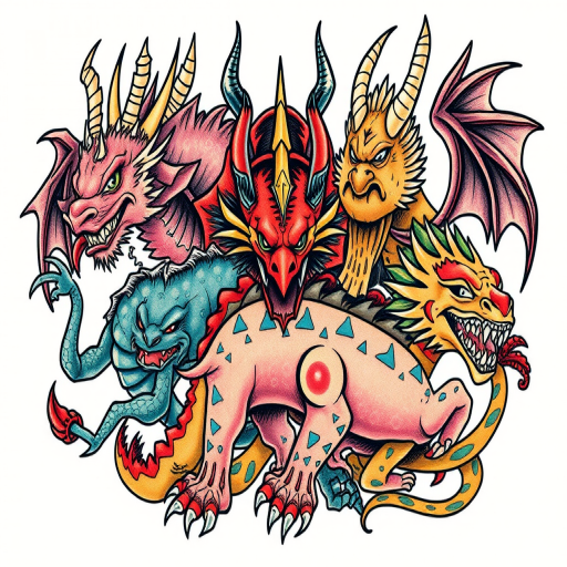 Neo-traditional tattoo dubbed "Mythical Menagerie" featuring stylized mythical creatures with bold lines, vivid colors, and exaggerated features in a whimsical and fantastical composition