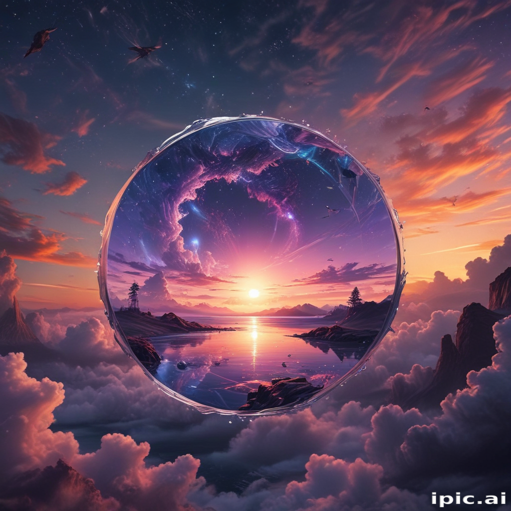 Stunning Sunset Reflected in a Cosmic Portal Above a Serene Landscape