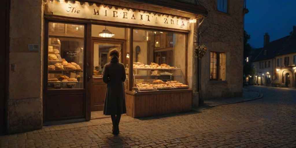 Charming village square at night, the streets illuminated by lamplight, a woman stands in front of a bakery, admiring the fresh pastries displayed in the window.