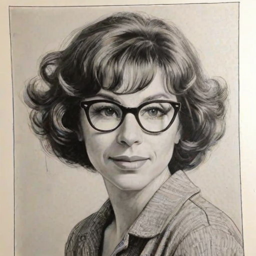 Gorgeous Rhea Perlman, pencil sketch, portrait of Delightful woman 1959s in glasses, hair style beatnik, outline, clear lines, fine lines, 8k