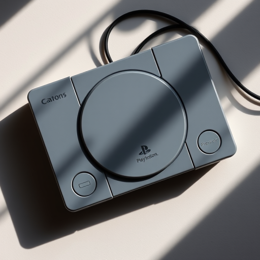 Generate a high-quality flat lay image of a classic PlayStation console from a top-down view, using a Canon EOS R5 with an aperture of f/8, ISO 100, shutter speed 1/125s, and natural soft lighting to create subtle shadows.
