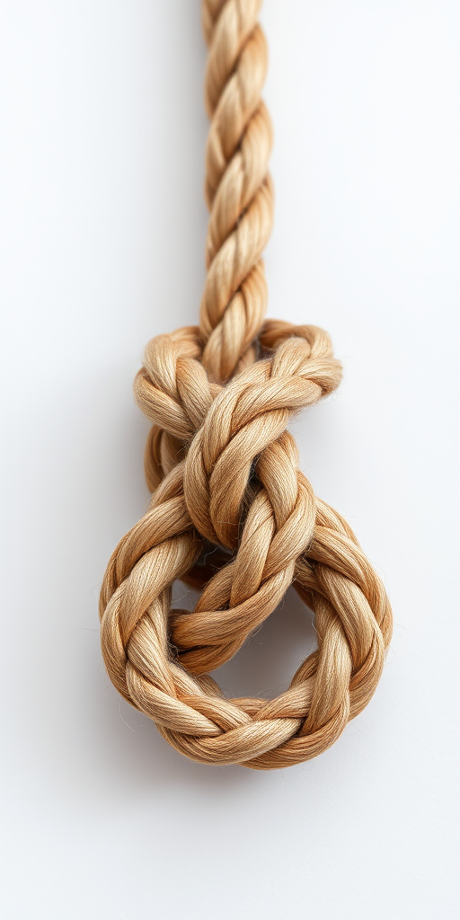 Create a high-resolution image of a braided rope knot on a plain background using a DSLR camera with a 50mm lens, aperture f/1.8, shutter speed 1/200 sec, ISO 100, and a macro view to capture intricate details and textures.