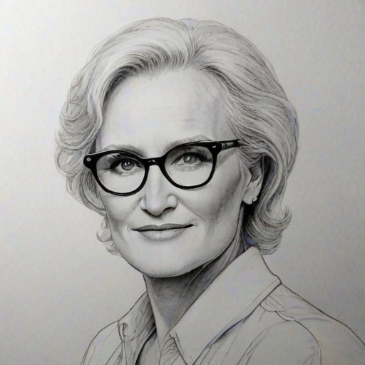 Lovely Glenn Close, pencil sketch, portrait of Superb woman 1979s in glasses, hair style beatnik, outline, clear lines, fine lines, 8k