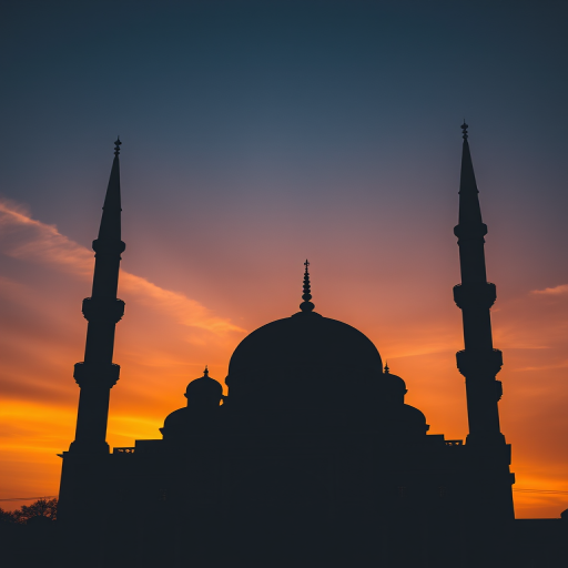 Create a high-resolution silhouette of a mosque with intricate architectural details, captured at sunset using a DSLR camera with a focal length of 50mm, aperture set to f/8, ISO 200, and a shallow depth of field to enhance the contrast between the silhouette and the vibrant sky.