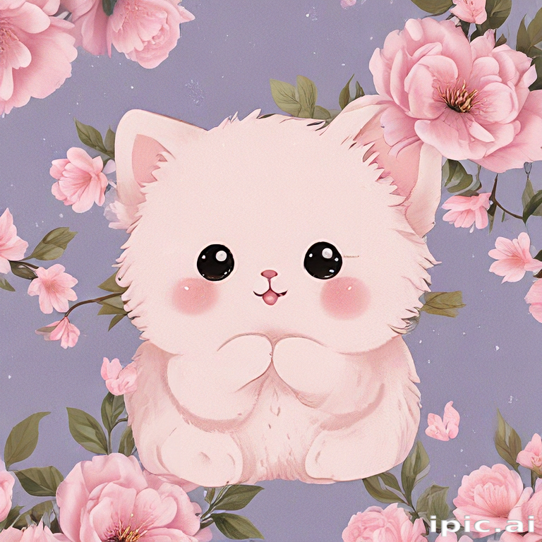 Adorable Fluffy Cat Surrounded by Beautiful Pink Blossoms and Flowers