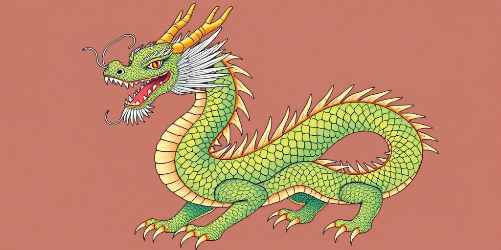 Create a highly detailed illustration of a traditional Asian dragon in an upright pose, captured with a 50mm lens at f/8 aperture, using a DSLR camera, with a focus on intricate scale patterns and dynamic movement, in a vibrant color palette against a contrasting background.