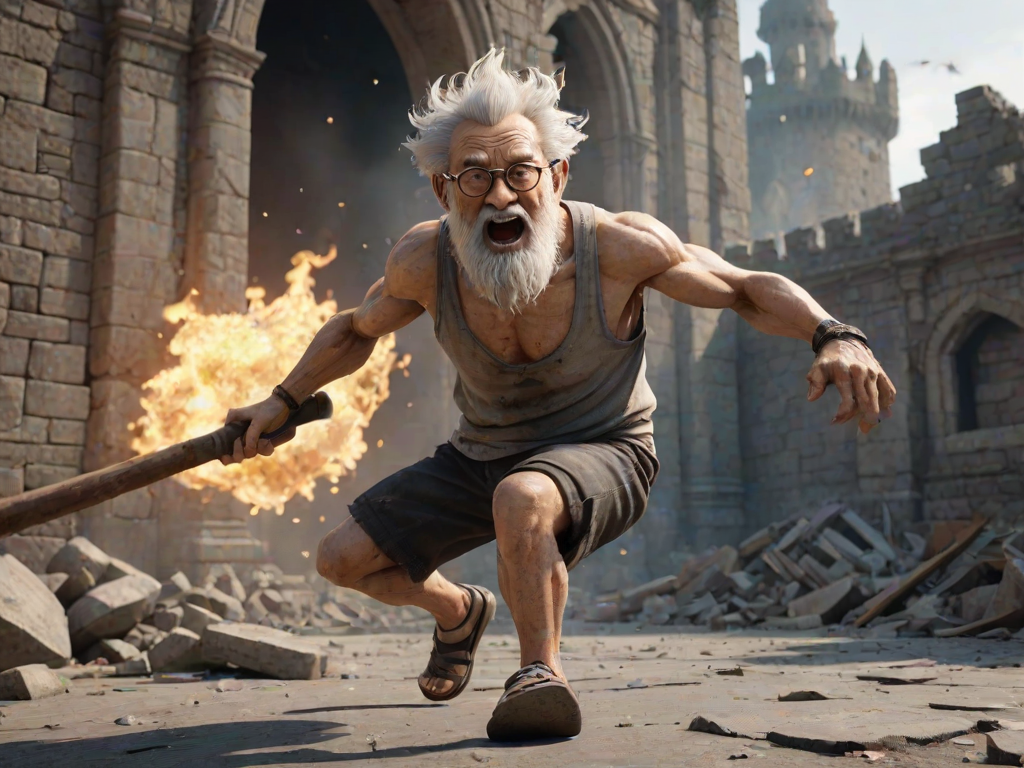Cartoon 3D High-Resolution,dynamic battle scene using Unreal Engine 5 and Octane Render. The scene features back of an elderly, thai man with a beard,messy hair and round golden-rimmed glasses. He is wearing a tattered tank top with soot marks, shorts, and sandals. sweating. he wields a baseball bat. He jump to fight with a white fire-breathing Europe dragon amidst a partially destroyed stone castle. Include intense flames, smoke, and debris to enhance the dramatic effect.