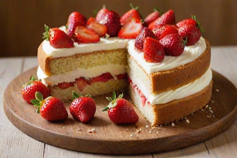 Create an image of a round cake with layers of vanilla sponge and fresh strawberries. The cake should have a smooth white frosting on the outside, with whole strawberries placed on top. A slice should be cut out to show the layers and strawberries inside. The background should be a simple wooden table.