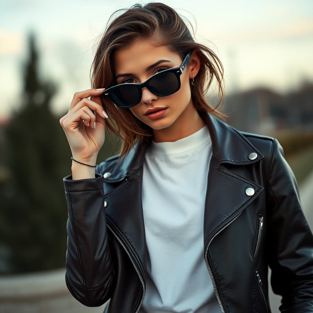 Outdoor shot, stunning female model, vintage leather jacket, sunglasses, cinematic effect, Position the camera at the model’s eye level using a 35mm f/1.4 lens