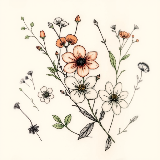Illustrative botanical tattoo showcasing a variety of delicate flowers and leaves, rendered in a vintage botanical illustration style with fine lines and subtle color washes for a timeless aesthetic