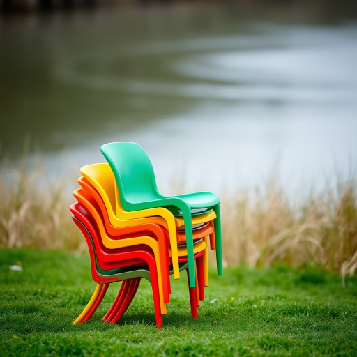 colorful stacked chairs in vibrant red, yellow, green against a blurred background of grass and water, shallow depth of field, 50mm lens, f/2.8 aperture, ISO 100, natural lighting, DSLR camera