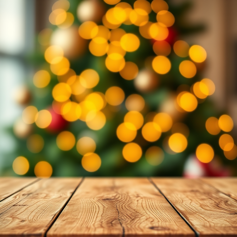 Create a blurred background with soft, glowing bokeh lights in shades of green and gold. Include a wooden table surface in the foreground, showcasing its texture and grain, to give a warm and inviting atmosphere. The overall scene should evoke a sense of tranquility and warmth, suitable for a festive or cozy setting.