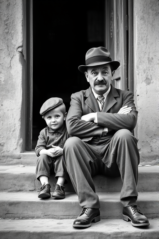 A black-and-white photograph of a man and a child sitting on steps in front of a doorway. The man is dressed as a tramp with a bowler hat, mustache, and ragged clothes, reminiscent of Charlie Chaplin's iconic look. He is sitting with his arms crossed and an expression of slight sadness or frustration. Next to him is a young boy, also in worn clothes and a cap, sitting with his hands clasped, looking thoughtful. The background is an old, textured wall and a partially open door, creating a vintage, early 20th-century atmosphere.