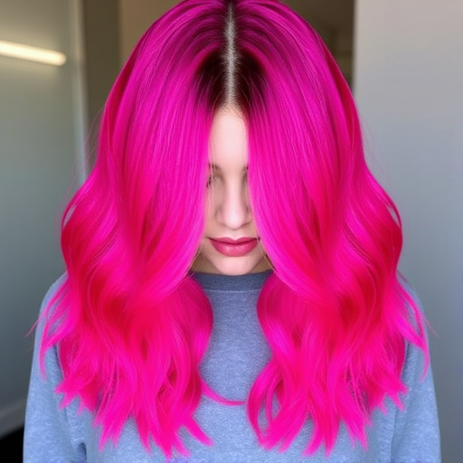 Vibrant magenta locks styled in the "Fuchsia Flame" fashion cascade down in sleek, straight strands with neon pink underlights peeking through for added dimension