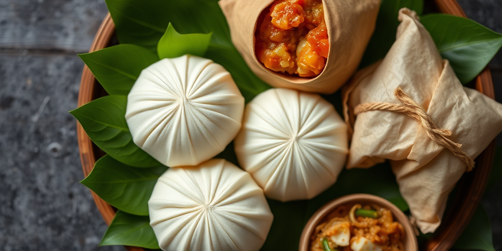 High-resolution overhead shot of steamed buns and wrapped food on green leaves, f/2.8 aperture, ISO 100, 50mm lens, natural light, soft focus photography, DSLR camera.