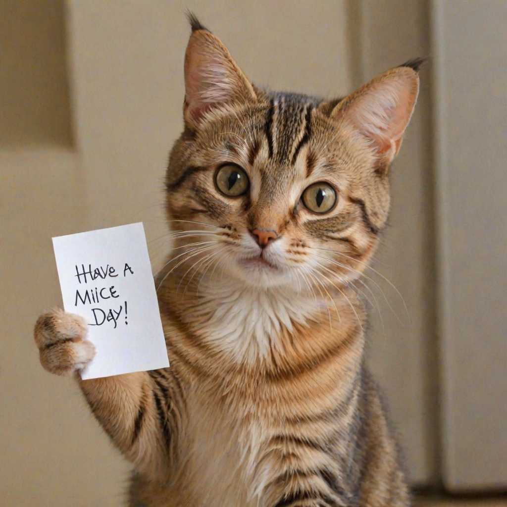 cat holding a note which says "Have a mice day!"