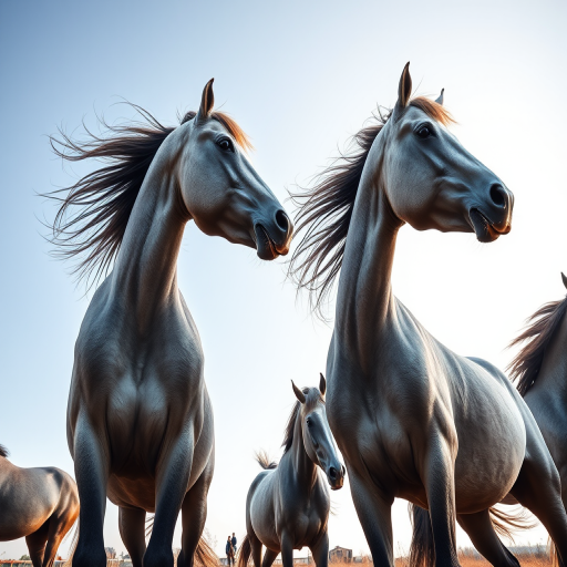 Create a high-resolution image of four dynamic grey horses in various poses showcasing their manes and tails flowing, captured from a low-angle view using a Canon EOS R5 with a 50mm f/1.2 lens at f/2.8, ISO 200, 1/500 sec, in natural light.