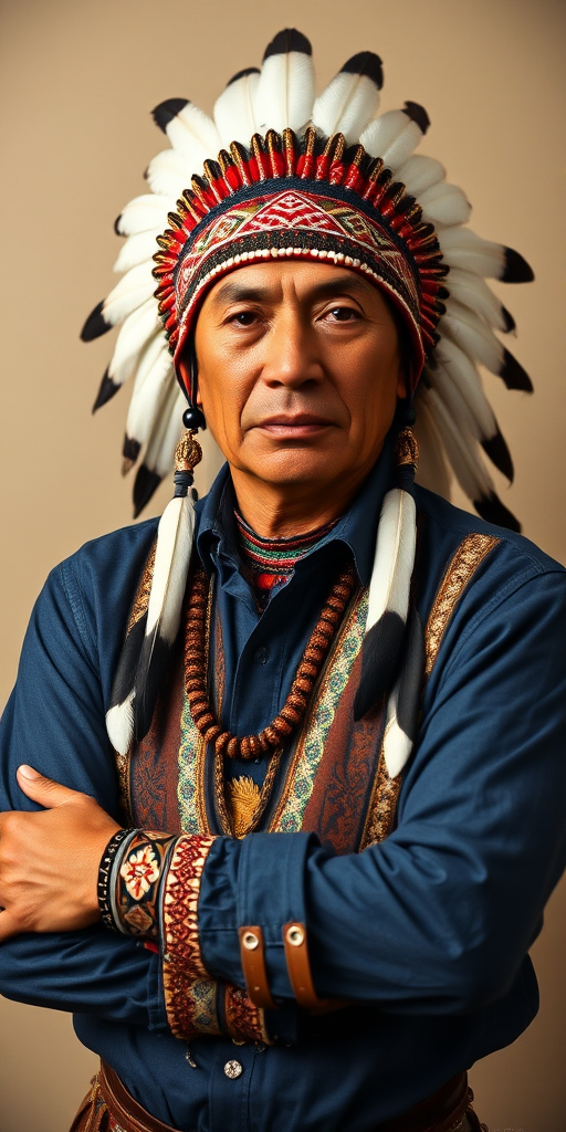 Create a dignified portrait of a Native American man dressed in traditional attire. He wears a beautifully crafted headdress adorned with white feathers and red beads, along with a beaded headband featuring intricate patterns. His clothing includes a deep blue, patterned shirt and a traditional chest piece with detailed beadwork. His arms are crossed, displaying leather armbands decorated with feathers. The background is simple and neutral, emphasizing his proud and stoic expression. The overall image captures the rich cultural heritage and strength of his persona.