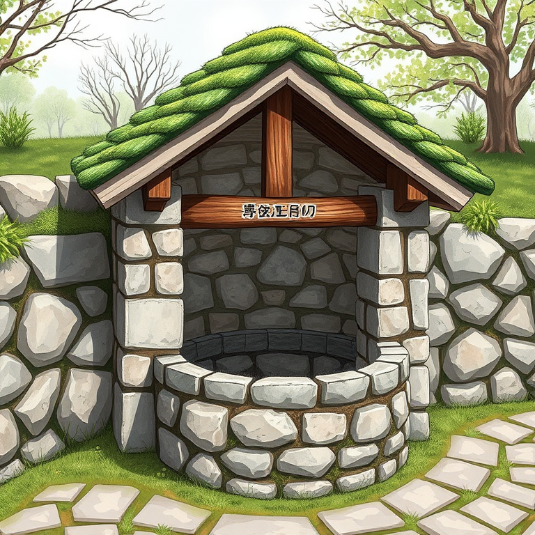 Regenerate a detailed illustration of a traditional stone well with a green roof, high resolution 4K, DSLR camera settings ISO 100, aperture f/8, focal length 35mm, shot from a low angle view, using natural lighting to enhance texture and clarity.