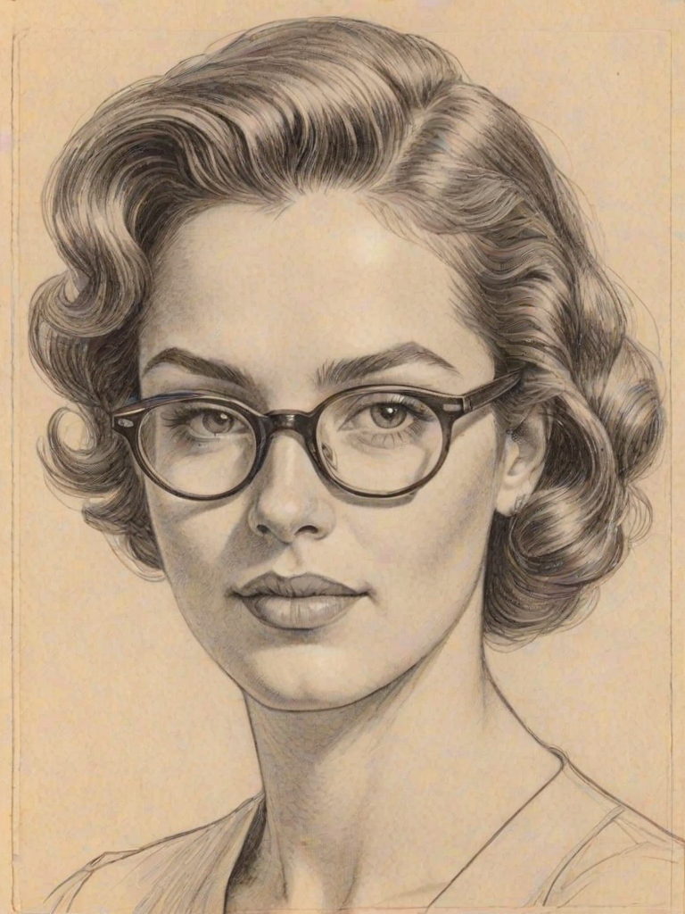 Fascinating Monique Gabriela Curnen, pencil sketch, portrait of Charming woman 1942s in glasses, hair style beatnik, outline, clear lines, fine lines, 8k