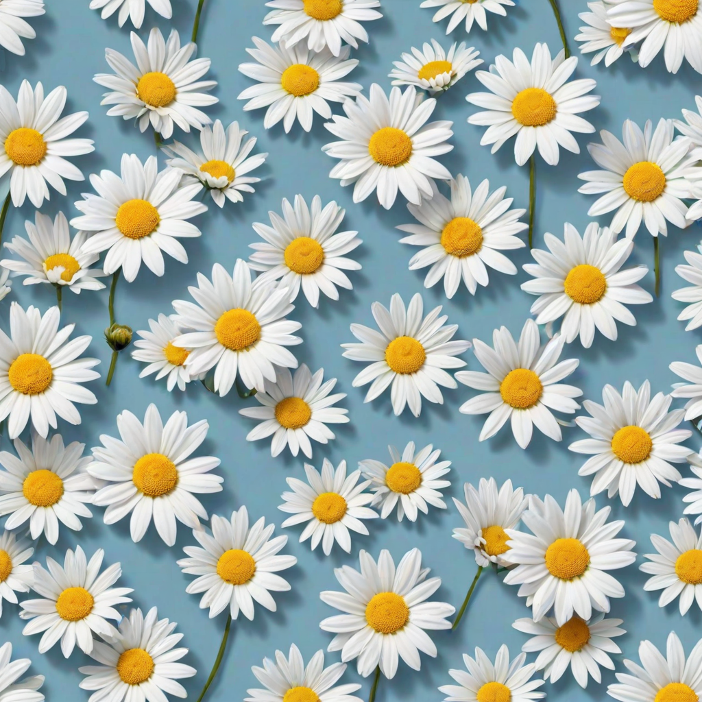 Create a seamless pattern featuring a light blue background filled with white daisies. Each daisy should have a bright yellow center and a simple, clean design. The flowers should be evenly spaced, creating a harmonious and cheerful floral pattern.