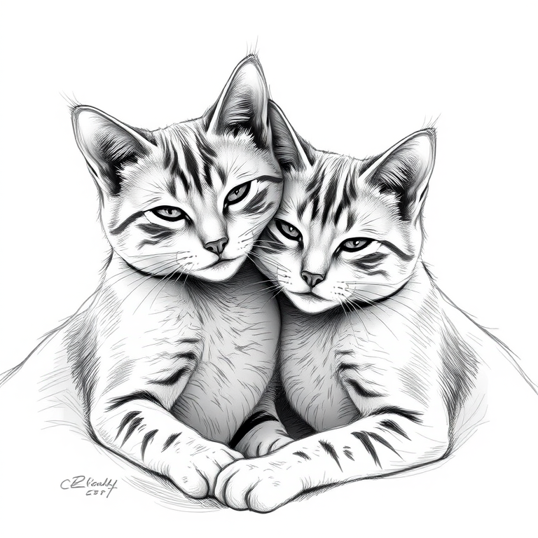 Create a high-resolution black and white sketch of two cats cuddling, with soft shadows and detailed fur texture, shot using a DSLR camera at f/4, 85mm lens, natural light, and a shallow depth of field to enhance the focus on their expressions.