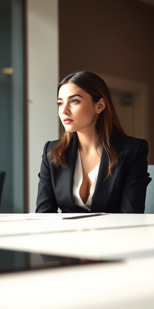 Generate an image of a young woman in a business setting, wearing a black suit, sitting at a conference table with a contemplative expression, soft natural lighting, sharp focus, ISO 100, aperture f/2.8, 35mm lens, taken from a slight low angle for depth and perspective.