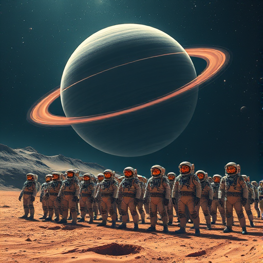 a surreal scene of a vast row of astronauts in futuristic suits standing on a cosmic landscape with a massive ringed planet in the background, high detail, vibrant colors, shot with a Canon EOS R5, 24mm lens, f/8 aperture, ISO 100, 1/125 seconds, wide-angle view to capture depth and grandeur