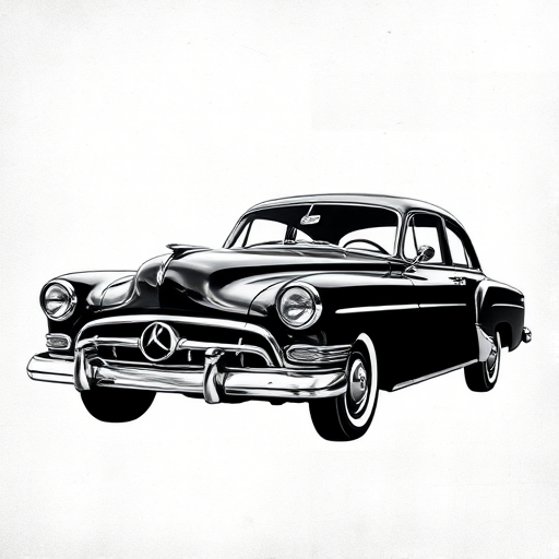 Vintage black and white car illustration, high contrast, soft focus background with a textured overlay, captured with a Canon EOS 5D Mark IV, 50mm lens, f/1.8, ISO 100, shutter speed 1/250s, natural lighting, angled view.