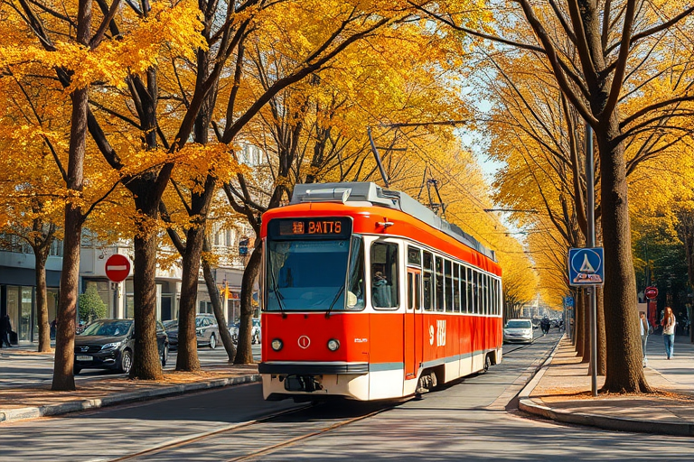 A vibrant urban scene featuring a red and white tram surrounded by tall trees with golden autumn leaves, captured in bright natural light using a Canon EOS R5, 50mm lens, f/1.8 aperture, ISO 100, 1/250 sec shutter speed, taken from eye level for a clear and dynamic view.