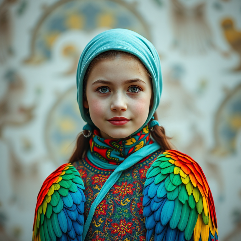 A beautiful Turkish girl, wearing colorful bird clothing with vibrant colors