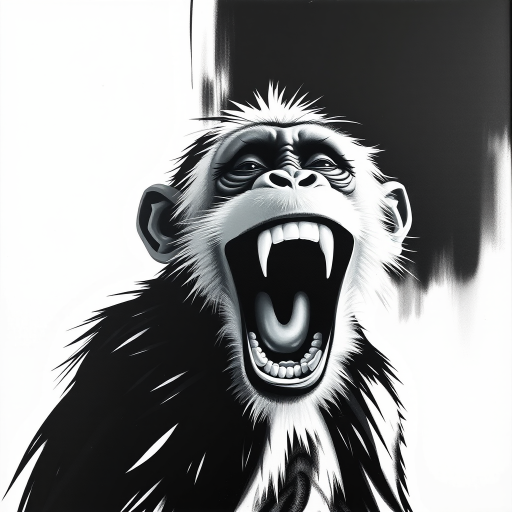 Abstract black and white acrylic portrait of an over exaggerated laughing (monkey). Minimalism style. White background.