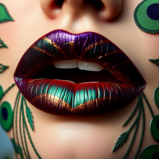 Exotic peacock-inspired lips showcasing rich jewel tones of emerald, sapphire, and amethyst with a metallic sheen and intricate feather-like patterns