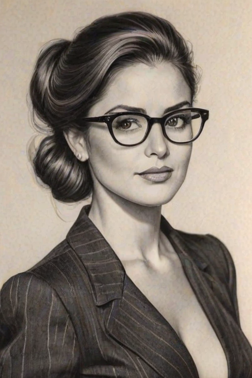 Stunning Ada Nicodemou, pencil sketch, portrait of Magnificent woman 1939s in glasses, hair style beatnik, outline, clear lines, fine lines, 8k