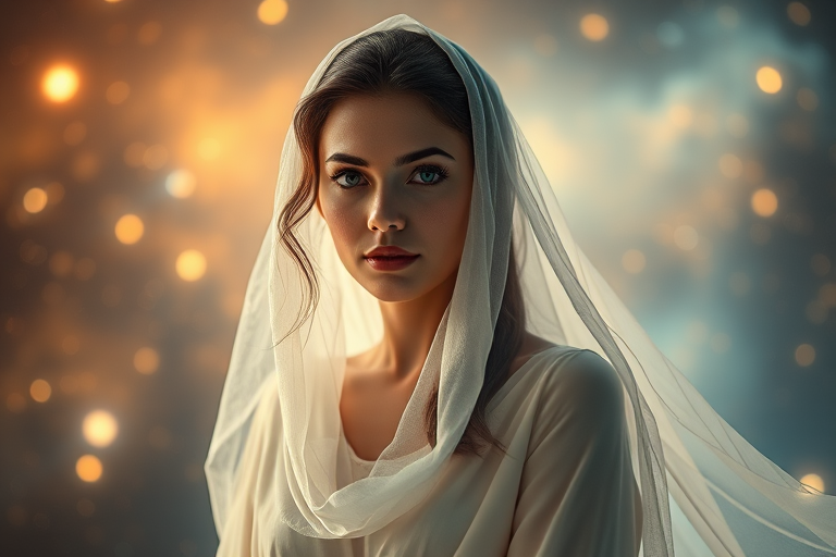 Create a portrait of a woman in ethereal clothing with a flowing veil, set against a cosmic background with soft glowing elements, captured with a 85mm f/1.2 lens, aperture set to f/1.2 for a shallow depth of field, ISO 100, using a soft light source for warm illumination, in a high-resolution digital format.