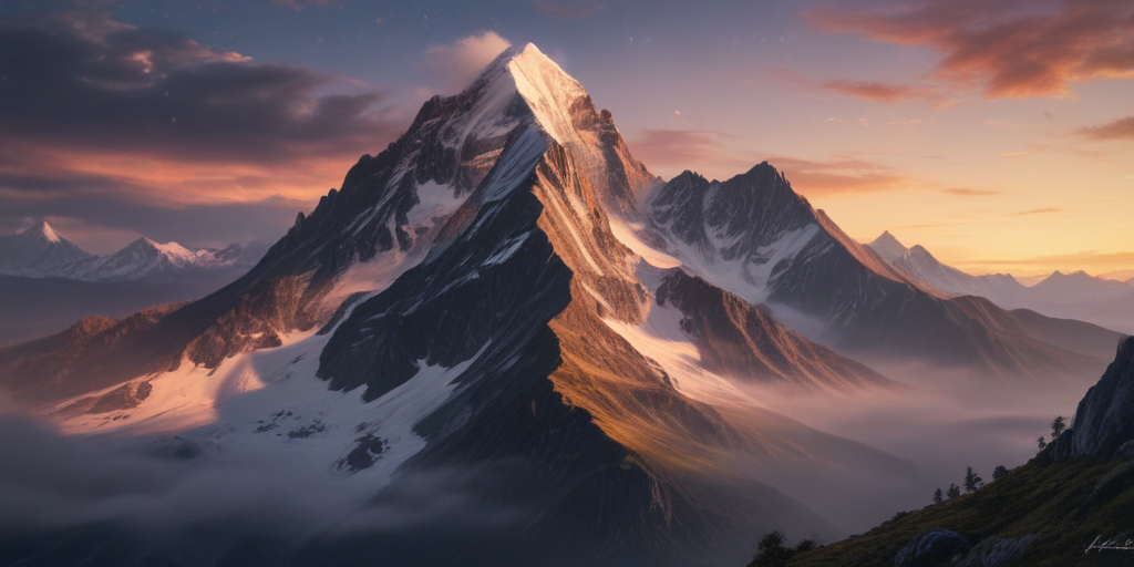 Majestic Mountain Landscape at Sunrise with Glowing Peaks and Clouds