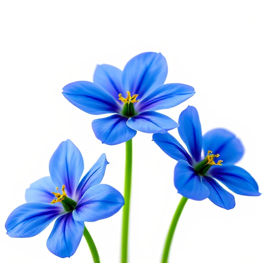 Create a digital illustration of three blue flowers with green stems on a plain white background, using a Canon EOS 5D Mark IV camera, aperture f/4, shutter speed 1/125 sec, ISO 100, in a macro view, with vibrant colors and smooth blending styles to enhance image quality.