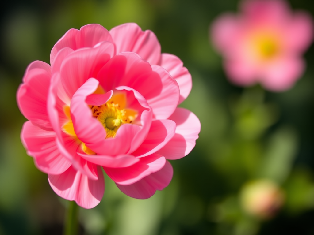 Capture a close-up of a pink ranunculus flower with a shallow depth of field, soft natural lighting, aperture f/2.8, ISO 200, 50mm lens, DSLR camera, focus on the center of the flower, vibrant colors, soft bokeh background.
