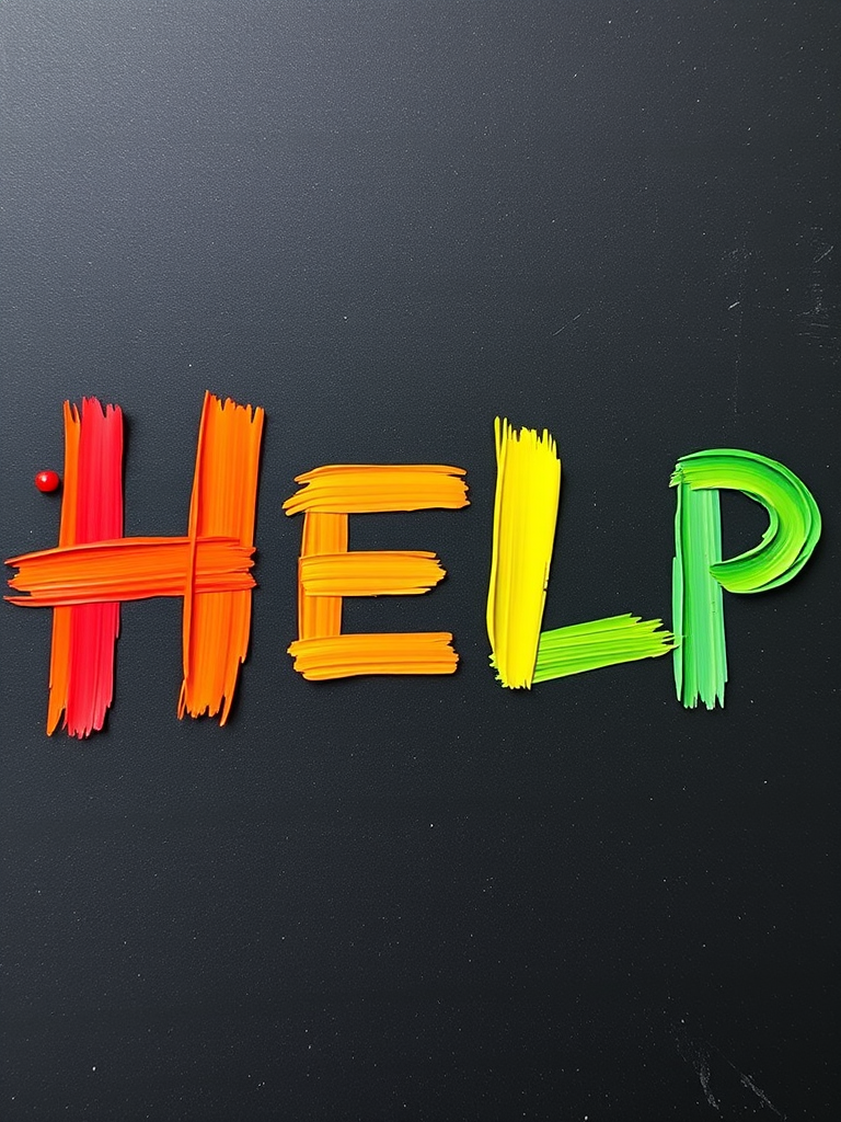 Regenerate the image of the word HELP created with colorful strokes, use a DSLR camera, 50mm lens, f/1.8 aperture, ISO 100, shot in natural light from an overhead angle to enhance vibrancy and clarity.