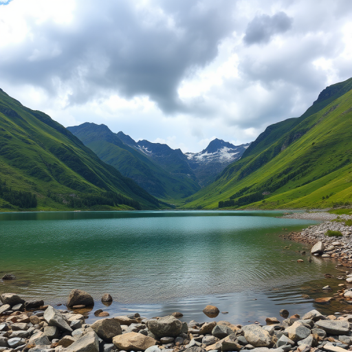 Generate an image of a serene mountain landscape featuring a calm lake surrounded by lush green hills and rocky shores under a cloudy sky.