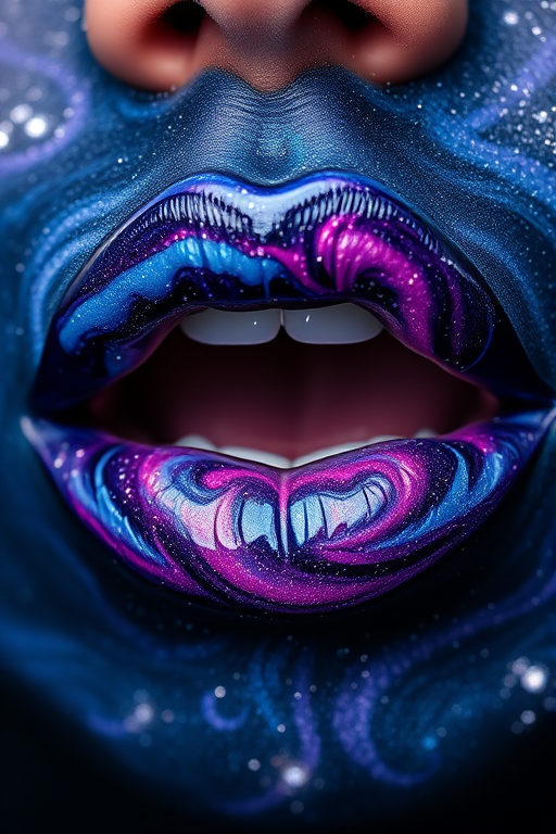 Enchanting galaxy lips swirling with deep blues, purples, and hints of silver glitter, mimicking the vast expanse of the cosmos on a miniature scale