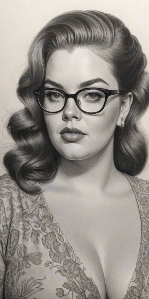 Enchanting Tess Holliday, pencil sketch, portrait of Superb woman 1953s in glasses, hair style beatnik, outline, clear lines, fine lines, 8k