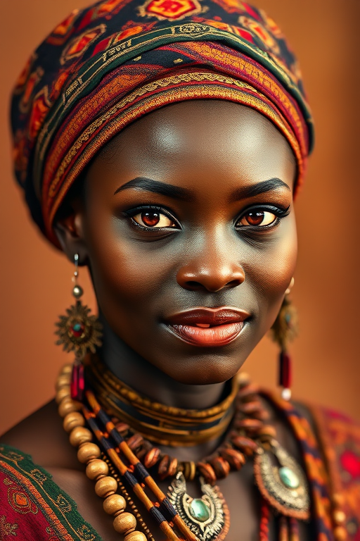 Create a portrait of a beautiful Zulu woman with striking red eyes and a gentle expression. She is adorned in traditional attire with intricate patterns, including a richly embroidered headscarf and matching garments. Her jewelry includes a delicate headpiece, dangling earrings, and ornate bracelets, all featuring vibrant gemstones and detailed metalwork. The background is soft and warm, enhancing the rich colors of her outfit and jewelry.