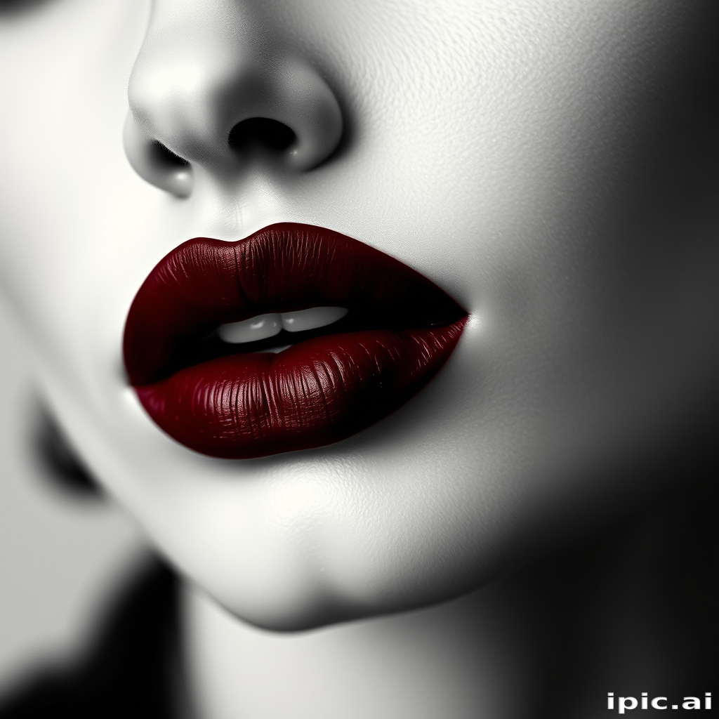 Luxurious deep wine lips with a velvet matte finish, exuding sophistication and allure, captured in a vintage-inspired black and white portrait