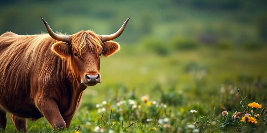 A highland cow walking through a lush green field, natural lighting, shallow depth of field, captured with a Canon EOS R5, 85mm lens, f/2.8, ISO 400, soft bokeh background, focus on the cow's features.