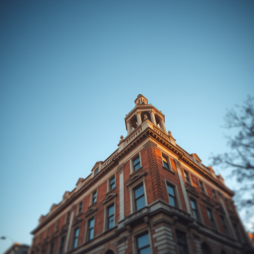 Regenerate the image of a historic building in a clear blue sky, using a DSLR camera with a 24mm lens, aperture f/8, ISO 100, and a slight tilt-shift effect for enhanced perspective, captured during golden hour for optimal lighting.