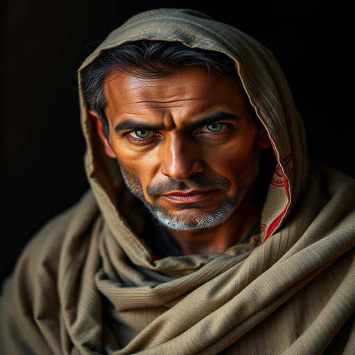 Create a portrait of a man with a solemn expression, draped in a partially torn shawl, illuminated by dramatic lighting, captured with a Canon EOS-1D X Mark III, 85mm f/1.4 lens, aperture f/1.8, ISO 100, at a 45-degree angle for depth and detail enhancement.
