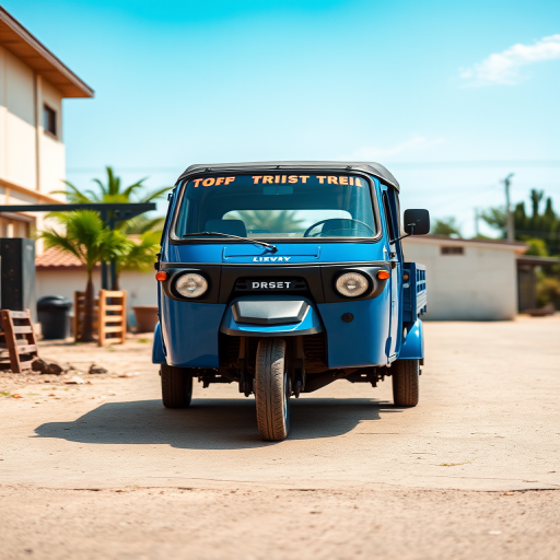Generate an image of a blue three-wheeled truck in a well-lit outdoor setting, captured with a DSLR camera at f/4, ISO 100, shutter speed 1/250s, using a wide-angle lens for a dynamic perspective and a shallow depth of field to enhance focus on the vehicle.