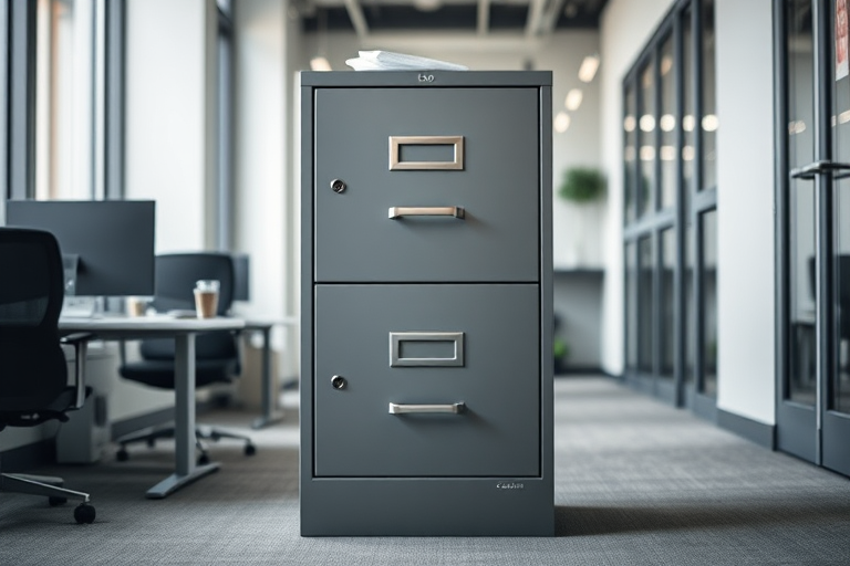Generate a realistic image of a two-drawer metal filing cabinet in a well-lit office environment, using a Canon EOS R5 camera, with a 50mm lens at f/2.8, ISO 100, and a shutter speed of 1/125s for clarity and detail.